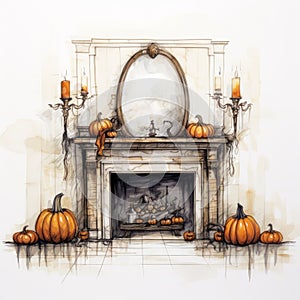 Halloween Fireplace Interior Design Sketch With Pumpkins And Mirror photo