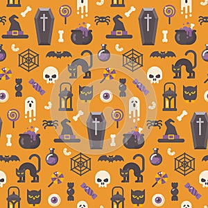 Halloween flat icons pattern on orange background
