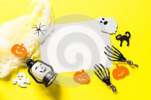 Halloween flat lay mock up background with party decorations.