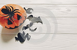 Halloween flat lay. jack lantern pumpkin with witch ghost bats a