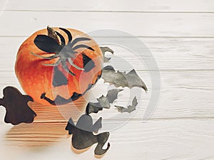 Halloween flat lay. jack lantern pumpkin with witch ghost bats a