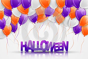 Halloween flyer, card, invitation, advertisement design. Orange, purple, and white balloons and typography text on reflecting surf