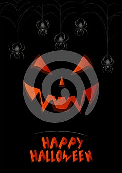 Halloween flyer. Pumpkin and spider web with spiders