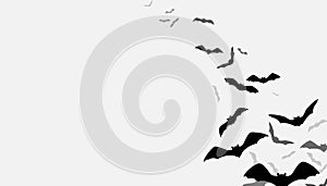 Halloween flying bats background. Creepy silhouette flittermouse group isolated on white. Vector illustration