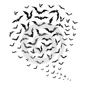Halloween flying bats. Swarm of bat silhouettes in sky. Creepy batman halloween vector decoration