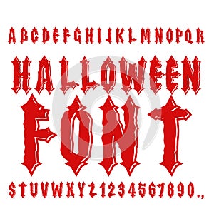 Halloween font. Ancient alphabet. Blood Gothic letters. Vintage