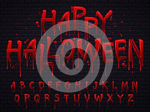 Halloween font. Horror alphabet letters written blood, scary bleed font or wet bloody sign isolated vector illustration photo