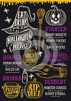 Halloween food menu on a chalkboard.