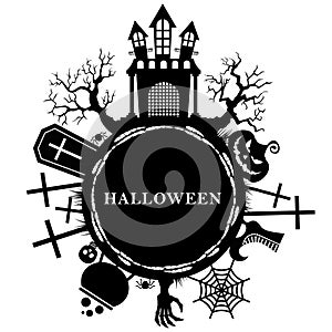 Halloween frame background. Silhouettes of scary haunted castle