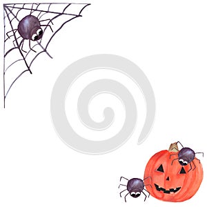 Halloween frame invitation card. watercolor web with spider and pumpkin. Halloween symbol