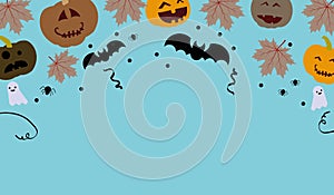 Halloween frame with party decorations of pumpkins, bats, ghosts, spiders on blue background from above.