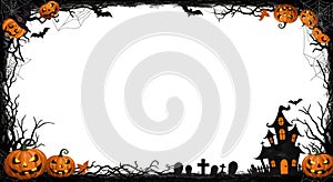 Halloween Frame with Pumpkins and Haunted House Spooky Halloween border design featuring carved pumpkins bats haunted house photo