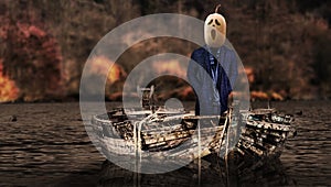 Halloween frightening pumpkin head ghost on a vessel floating in a scary landscape