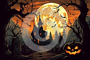 Halloween. Full moon illuminates church and cemetery