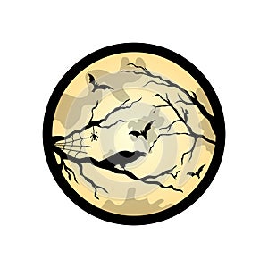 Halloween Full Moon Vector Illustration - Spooky Tree, Bats, Spiderweb and Crow Design