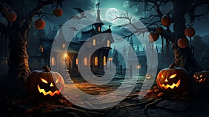 Halloween fullmoon banner witch haunted house pumpkins and bats