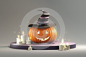 Halloween fun pumpkin head in a hat on a pedestal, with glowing eyes and a smile next to candles on a light background