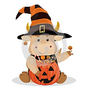 Halloween. Funny bull and pumpkin. Vector illustration. Isolated on a white background