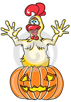 Halloween funny cartoon rooster jumping out of a pumpkin from a pumpkin on a white background.