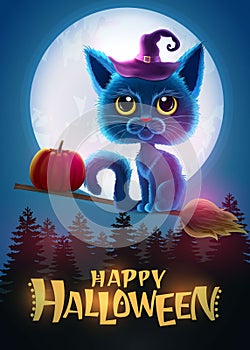Halloween funny characters. Black cat with big eyes and glowing pumpkin. Invitation card for party and sale. Autumn holidays. Vect
