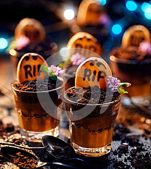 Halloween funny food idea for  party, graveyard chocolate-caramel mousse with addition crushed cookies