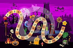 Halloween Game board with characters and candy. Kids step boardgame