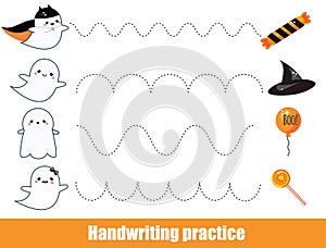 Halloween game. Handwriting practice sheet. early education worksheet for kids and toddlers. Printable Children activity photo