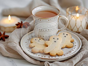 Halloween ghost cookies with tea and candles photo