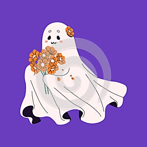 Halloween ghost hold bouquet. Cute spook with orange flowers. Friendly spirit with posy. Funny phantom with floral decor