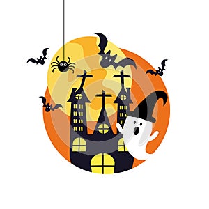 Halloween ghost. House with the cute ghost and bat, spider vector