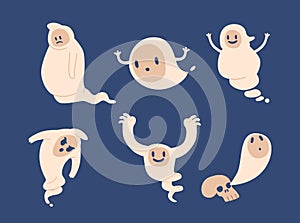 Halloween Ghost Monster Characters. Adorable Phantoms With Mischievous Charm, Playfully Frightens, Vector Illustration