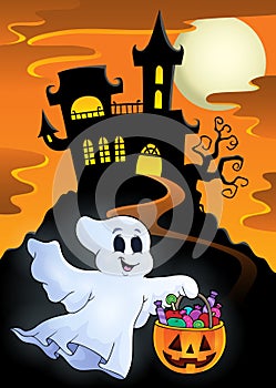 Halloween ghost near haunted castle
