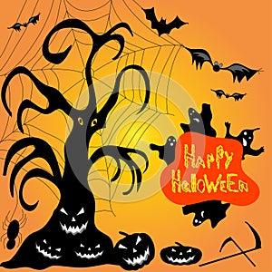 Halloween ghost pumpkin bats cobwebs vector illustration