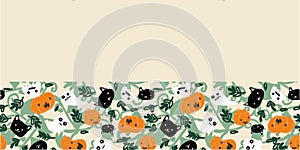 Halloween Ghost Pumpkin Cat Foliage Frame Border Seamless Pattern