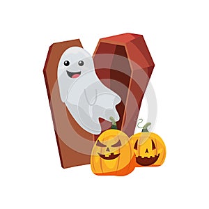 Halloween ghost with pumpkin and coffin
