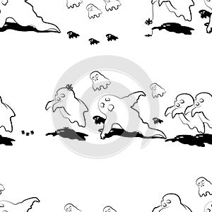 Halloween ghost seamless repeat pattern in black and white