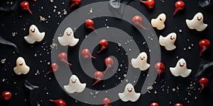 Halloween ghost shapes on a slate background with red glowing eyes