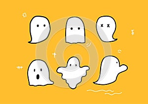Halloween Ghost Vector. Cute cartoon white ghosts hand drawn on yellow background.