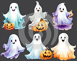 Halloween Ghost watercolor clip art set, vector illustration