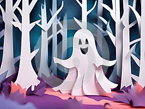 halloween ghost with white trees and forest background, Ai Generated