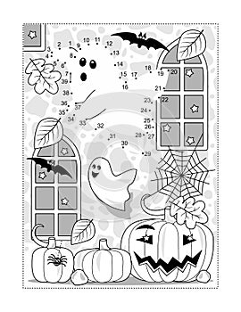 Halloween ghosts dot-to-dot picture puzzle and coloring page with two playful ghosts in a castle ruin, pumpkins, bats, Jack-o-lant