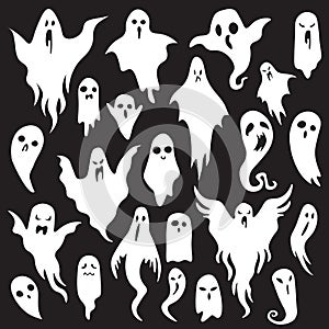 Halloween ghosts. Ghostly monster with Boo scary face. Spooky ghost flat vector icon set photo