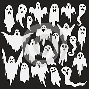 Halloween ghosts. Ghostly monster with Boo scary face shape. Spooky ghost white fly fun cute evil horror silhouette for scary