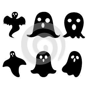 Halloween ghosts. Ghostly monster with Boo scary face shape. Spooky ghost white fly fun cute evil horror silhouette for scary octo