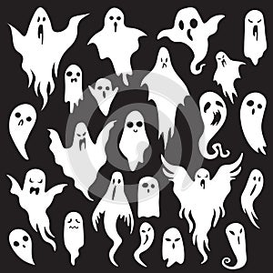 Halloween ghosts. Ghostly monster with Boo scary face. Spooky ghost flat vector icon set