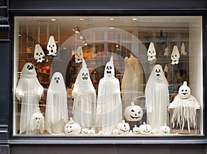 halloween ghosts in a window display photo