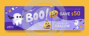 Halloween Gift promotion Coupon banner or party invitation background with cute ghost and pumpkin funny