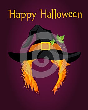 Halloween. A girl in a witch hat with hair without a face. Vector. Greeting card or invitation to a party or party