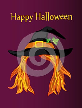 Halloween. A girl in a witch hat with hair without a face. Vector