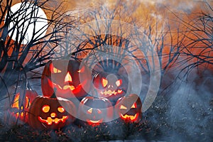 Halloween. Glowing jack-o\'-lantern pumpkin in the fog in a dark forest with moon.